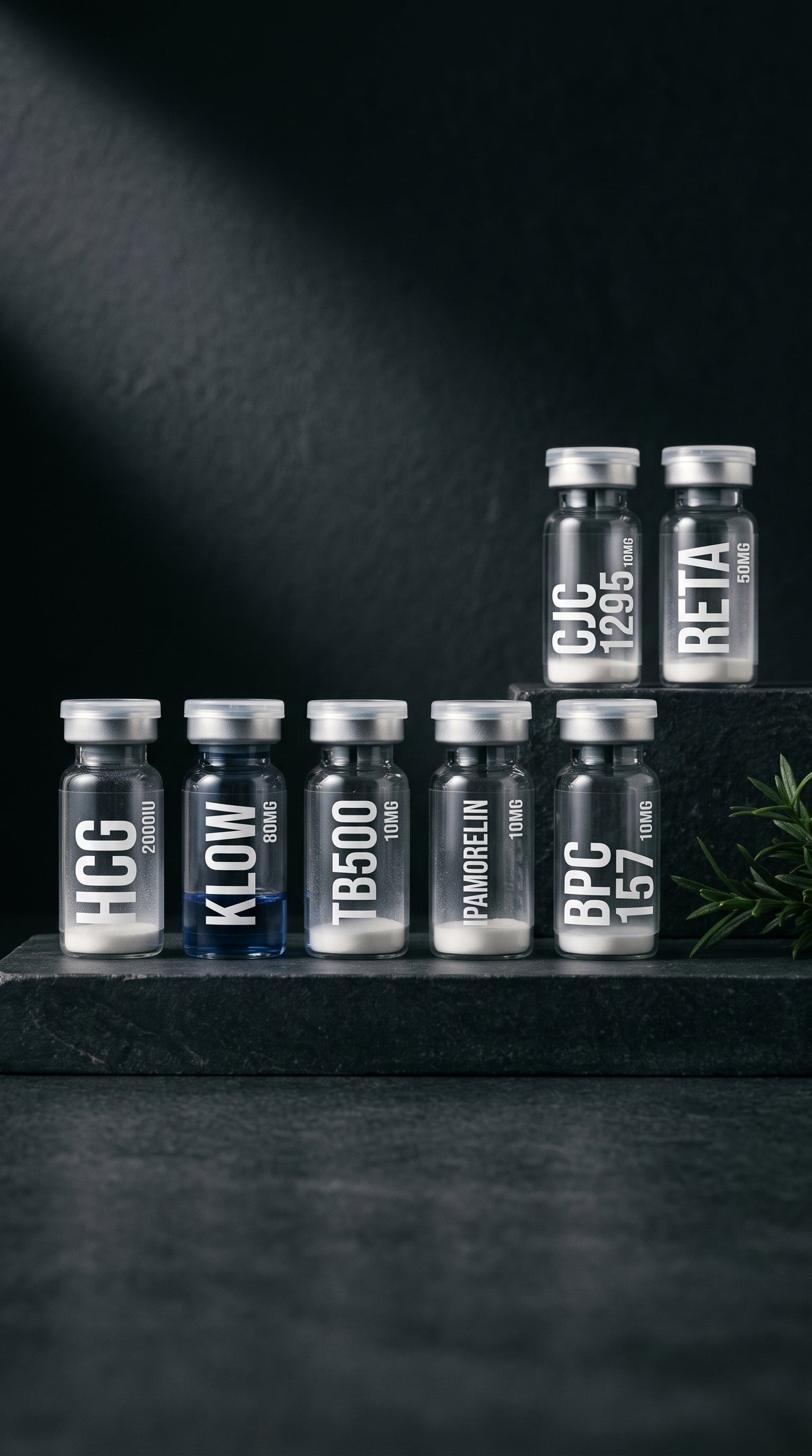 AURELIA research compound vials lined on dark stone, dark hero mobile