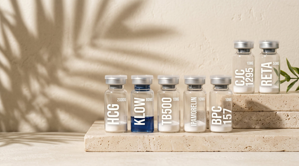AURELIA research compound vials lined on travertine stone, light hero