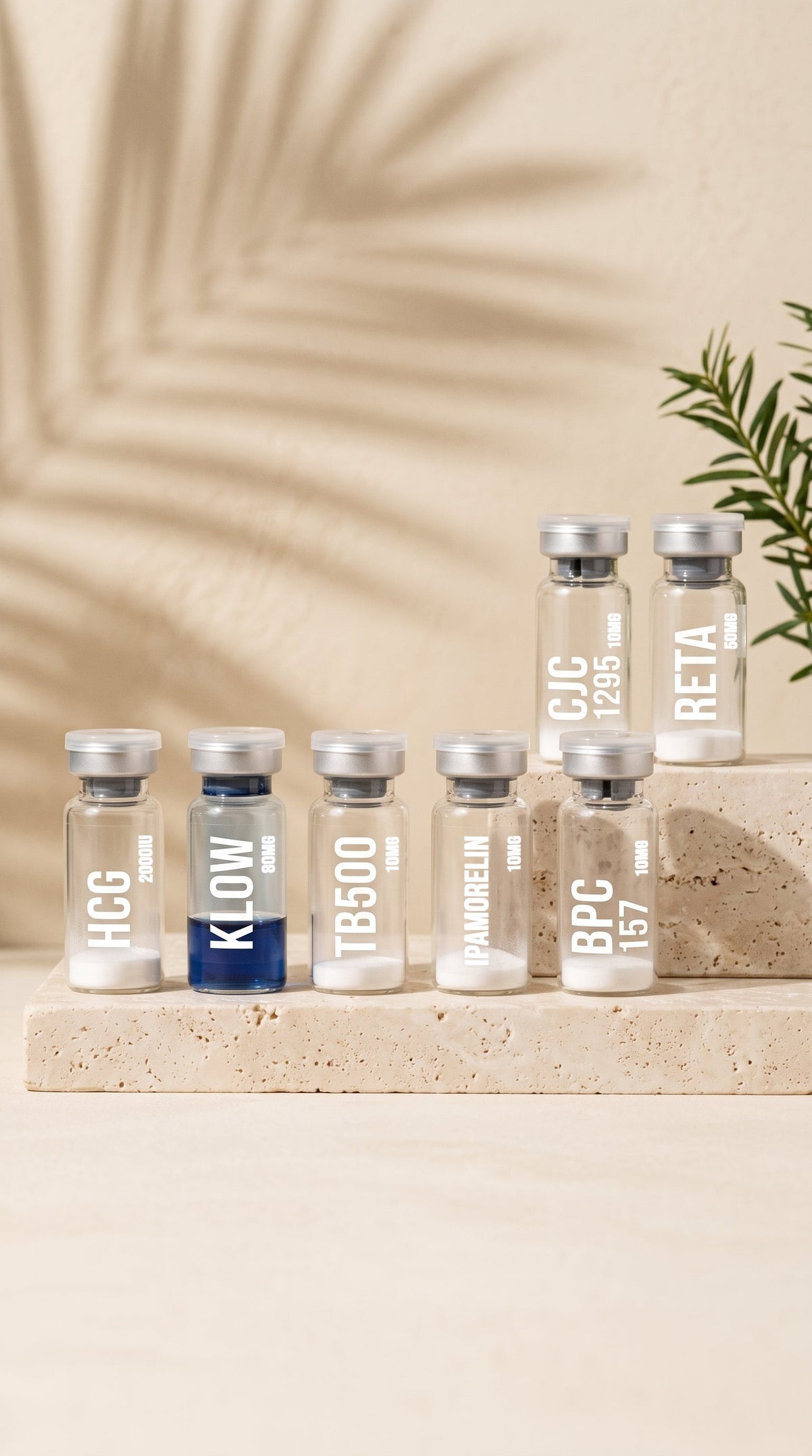 AURELIA research compound vials lined on travertine stone, light hero mobile