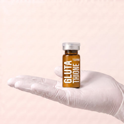 AURELIA Glutathione 1500mg amber glass research compound vial held in a gloved hand, showing the 10ml vial size, research use only