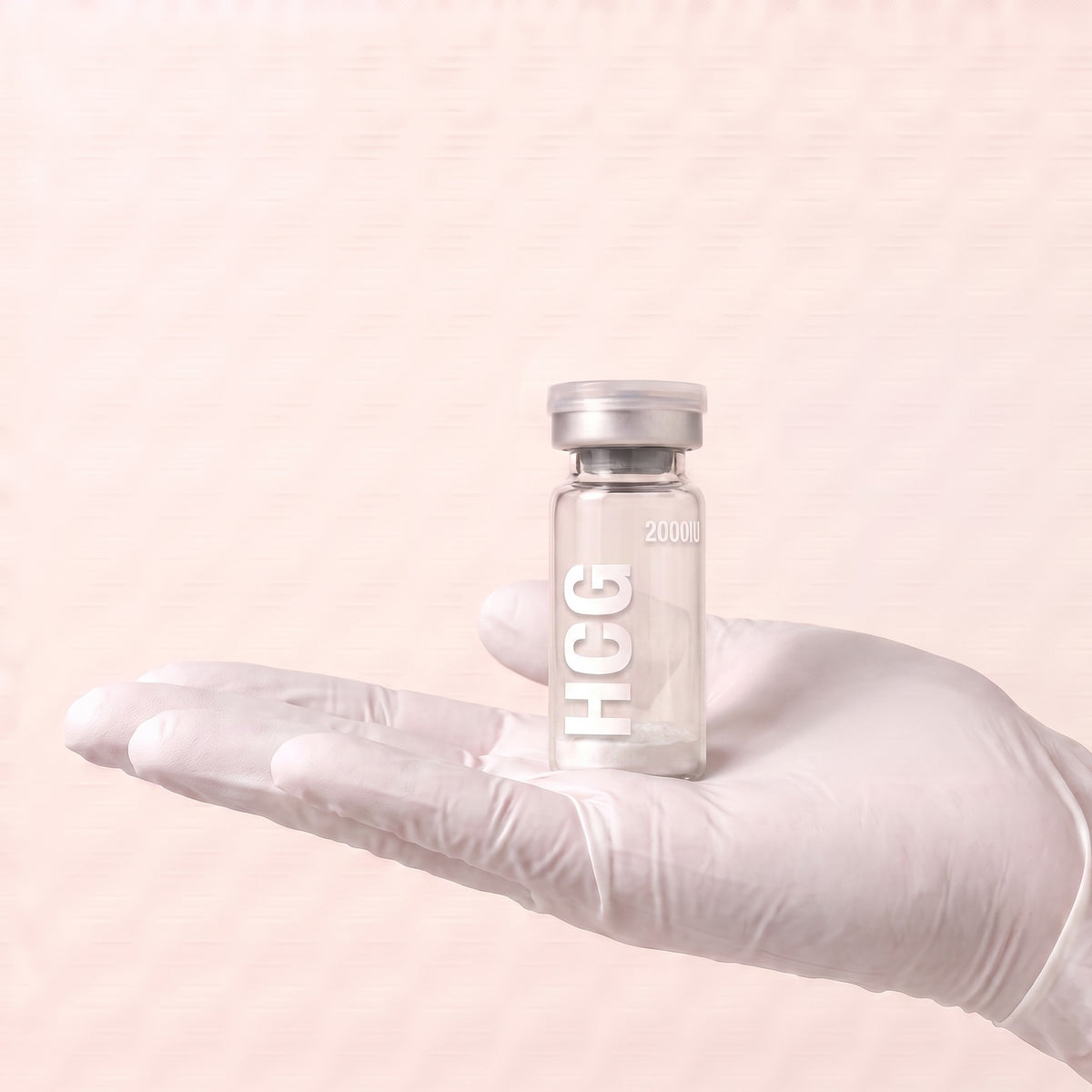 AURELIA HCG 2000iu research compound vial held in a gloved hand, showing the 3ml vial size, research use only