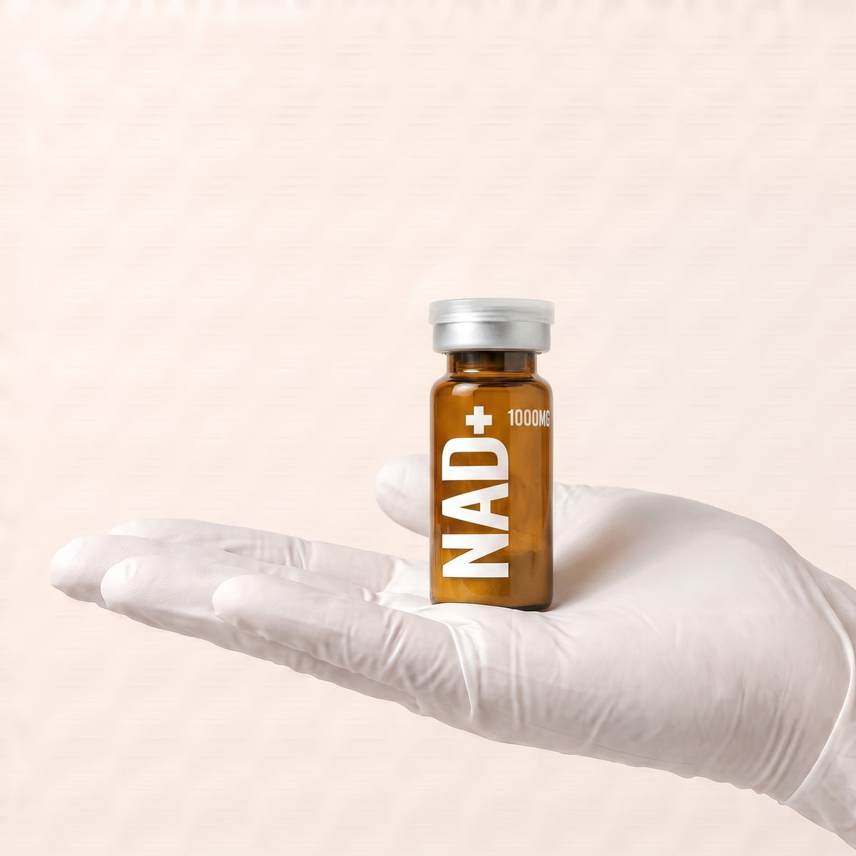 AURELIA NAD+ 1000mg research compound vial held in a gloved hand, showing the 10ml vial size, research use only